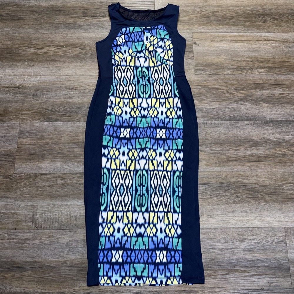 Bailey Blue Sleeveless Geometric Print Sheath Dress Womens M Slimming Side Panel